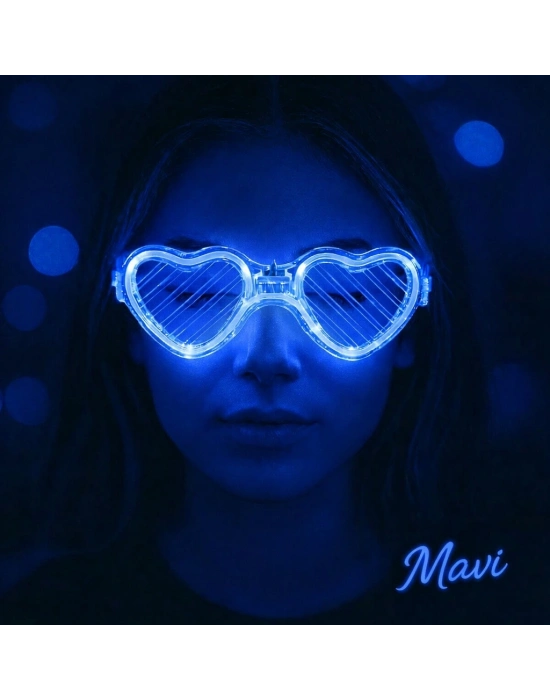 Mavi Led Işıklı Kalp Gözlük – 3 Modlu Parti & Glow Gözlüğü