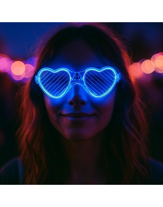 Mavi Led Işıklı Kalp Gözlük – 3 Modlu Parti & Glow Gözlüğü
