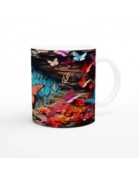 Mavi Mağarada Uçuşan Renkli Kelebekler Temalı Baskılı Kupa Bardak