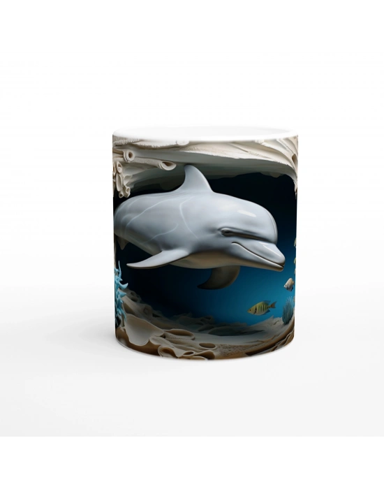 Mavi Mercanlar ve Çizgili Balıklarla Yunus Desenli Su Altı Temalı Kupa Bardak