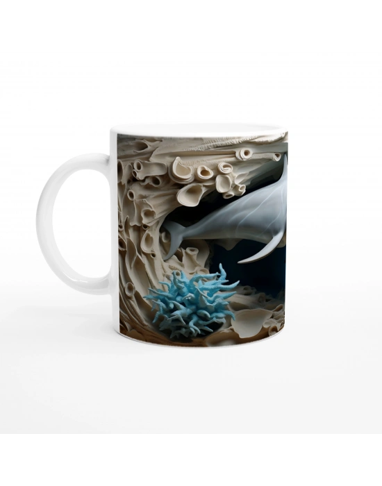 Mavi Mercanlar ve Çizgili Balıklarla Yunus Desenli Su Altı Temalı Kupa Bardak