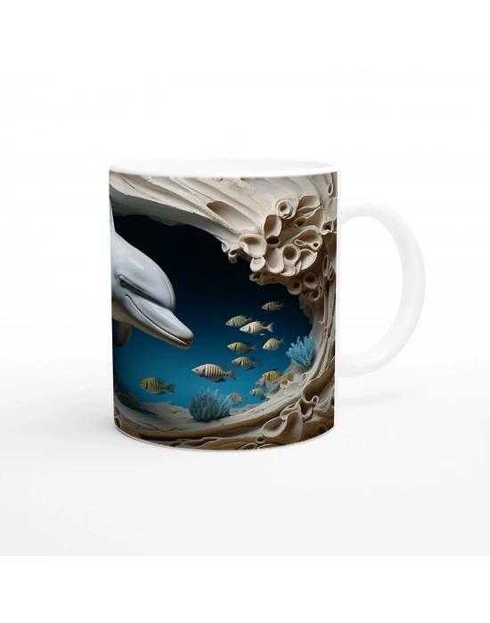 Mavi Mercanlar ve Çizgili Balıklarla Yunus Desenli Su Altı Temalı Kupa Bardak