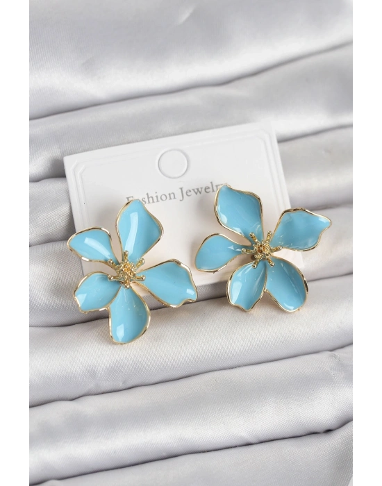 Mavi Mineli Çiçek Model Pirinç Kadın Küpe