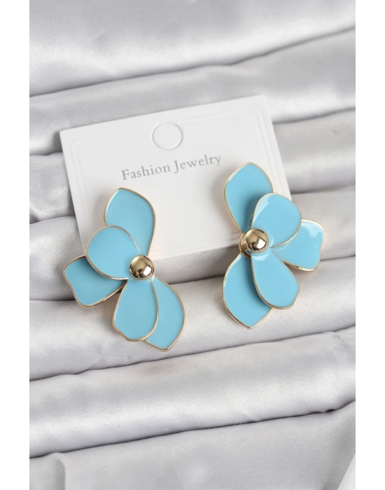 Mavi Mineli Lotus Model Pirinç Kadın Küpe