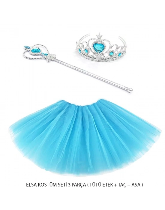 Mavi Prenses Elsa Kostüm Seti 3 Parça (Tütü Etek + Taç + Asa )