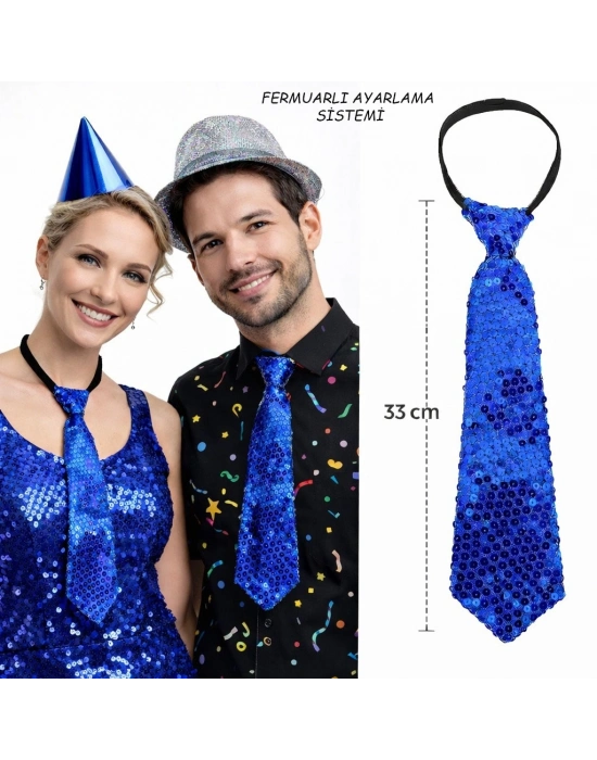 Mavi Renk Pul Payetli Işıltılı Parti Kravatı 33 cm