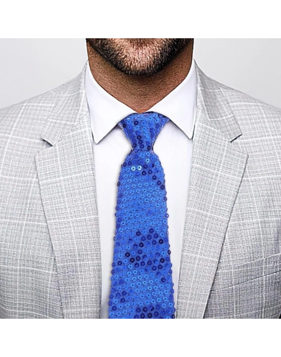 Mavi Renk Pul Payetli Işıltılı Parti Kravatı 33 Cm