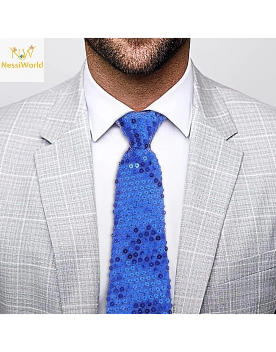 Mavi Pul Payetli Işıltılı Parti Kravatı 33 cm