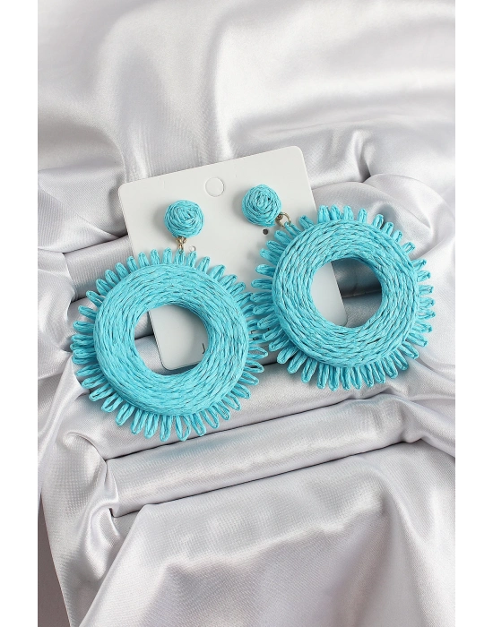 ® Mavi Püsküllü Halka Figürlü Hasır Örgü Model Gold Renk Kadın Küpe