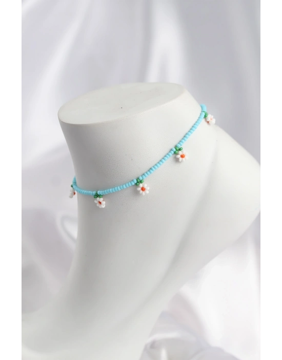 Mavi Renk Boncuklu Papatya Motifli Halhal