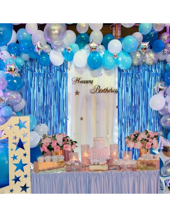 Mavi Renk Ekstra Metalize Parlak Saçaklı Arka Fon Perde İthal A Kalite 1x2 Metre