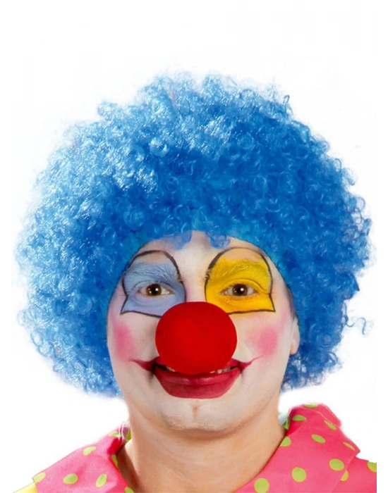 Mavi Renk Kıvırcık Afro Bonus Peruk Takma Saç Ve Kırmızı Burun Seti