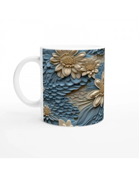 Mavi Rölyef Doku Çiçekli Kupa Bardak