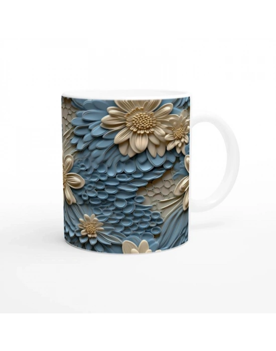 Mavi Rölyef Doku Çiçekli Kupa Bardak