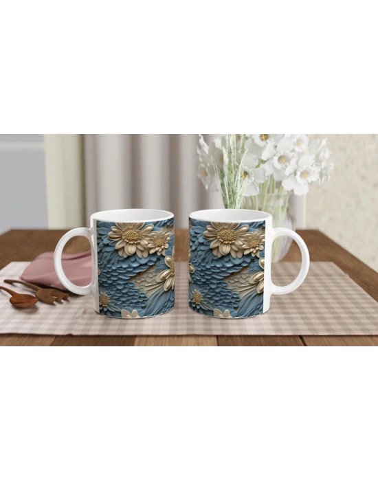 Mavi Rölyef Doku Çiçekli Kupa Bardak