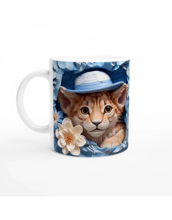 Mavi Şapkalı Çiçekler Arasında Yavru Kaplan Temalı Baskılı Kupa Bardak