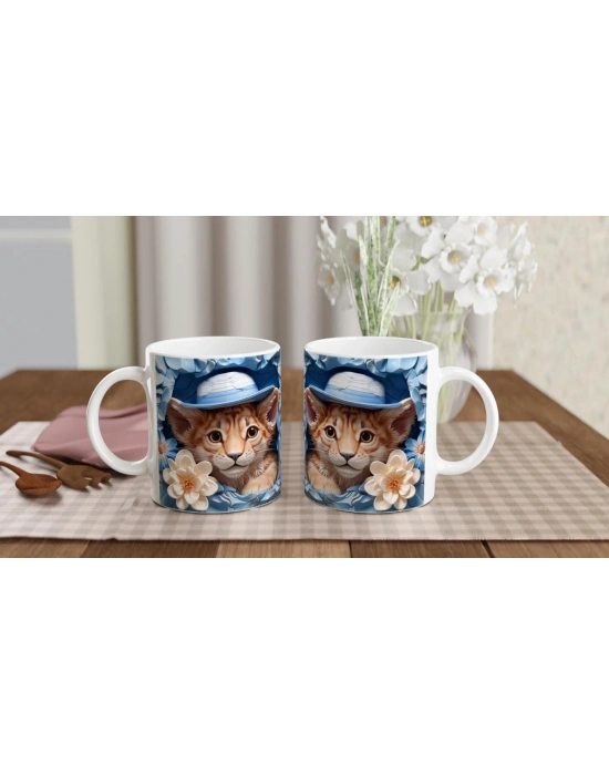 Mavi Şapkalı Çiçekler Arasında Yavru Kaplan Temalı Baskılı Kupa Bardak