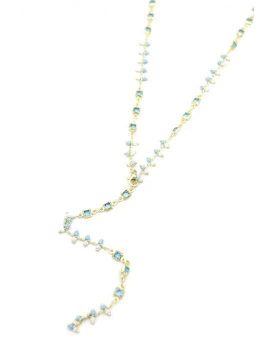 Mavi Taşlı Y Kolye - Altın