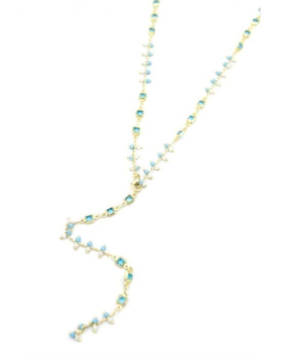 Mavi Taşlı Y Kolye - Altın