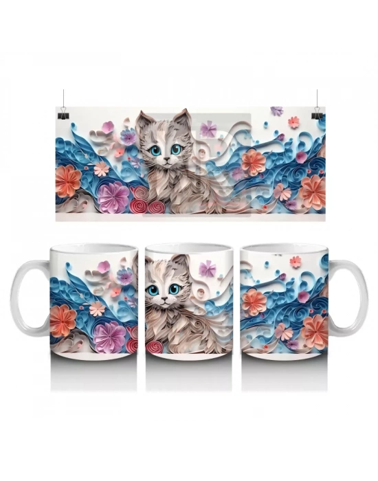 Mavi Tonlarda Çiçeklerle Süslenmiş Kedi – Baskılı Kahve Kupası