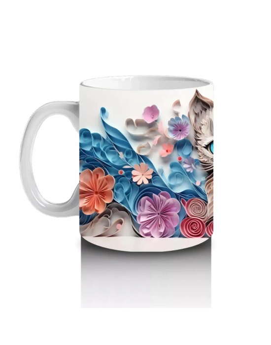 Mavi Tonlarda Çiçeklerle Süslenmiş Kedi – Baskılı Kahve Kupası