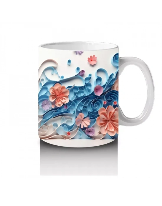 Mavi Tonlarda Çiçeklerle Süslenmiş Kedi – Baskılı Kahve Kupası