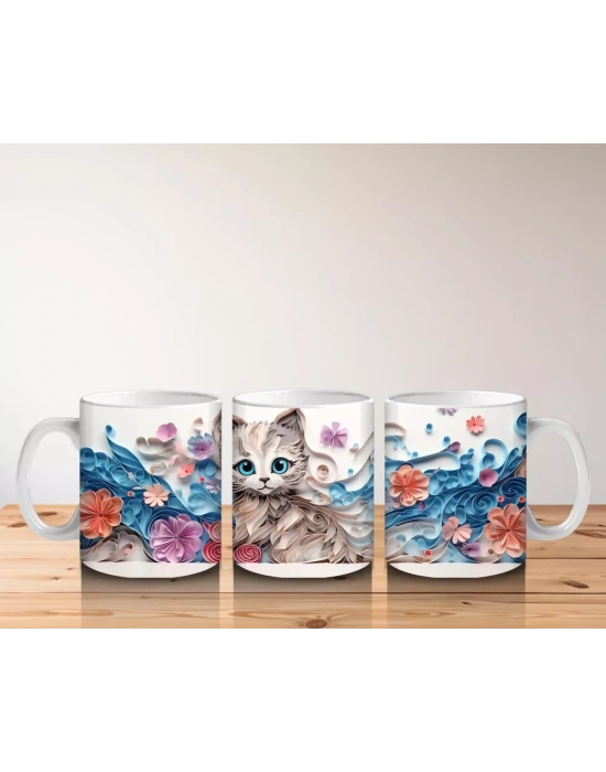 Mavi Tonlarda Çiçeklerle Süslenmiş Kedi – Baskılı Kahve Kupası
