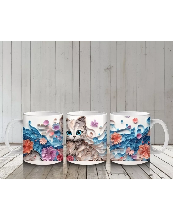 Mavi Tonlarda Çiçeklerle Süslenmiş Kedi – Baskılı Kahve Kupası