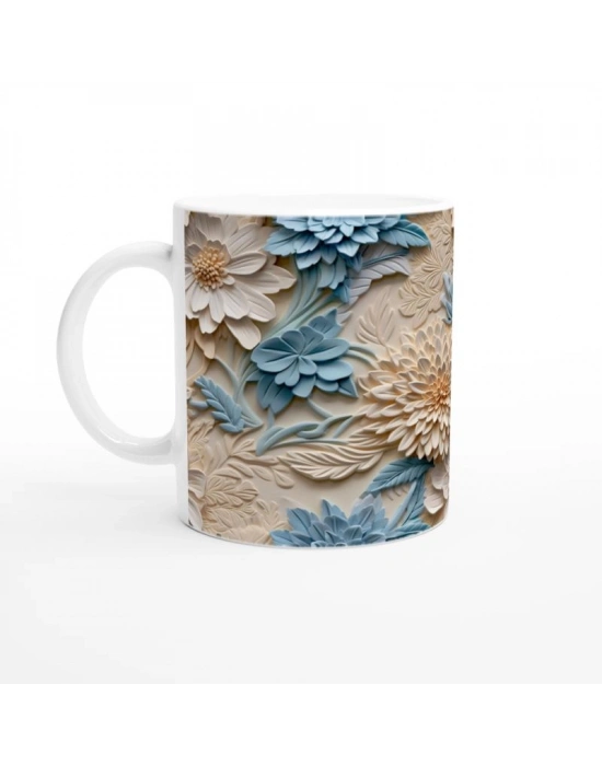 Mavi ve Krem Rölyef Çiçeklerle Süslenmiş Kupa Bardak