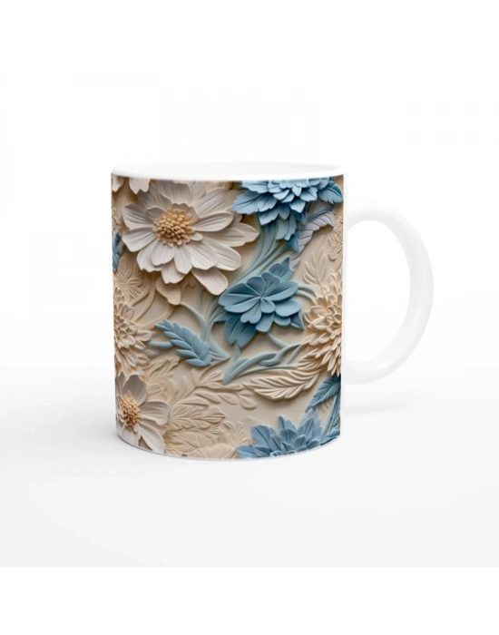 Mavi ve Krem Rölyef Çiçeklerle Süslenmiş Kupa Bardak