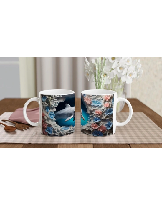 Mavi ve Pembe Mercanlarla Çevrili Yunus Temalı Su Altı Kupa Bardak