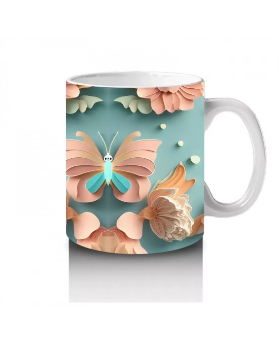Mavi ve Pembe Pastel Kelebekler Deseni – Baskılı Kahve Kupası