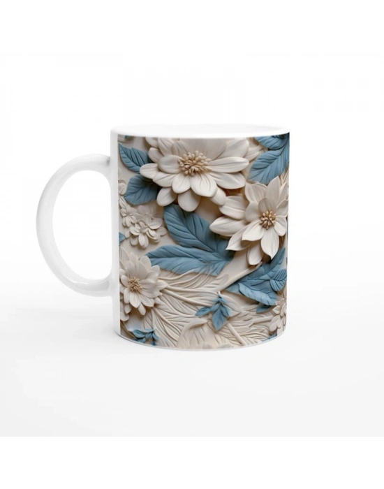 Mavi Yapraklı Çiçek Desenli Kupa Bardak