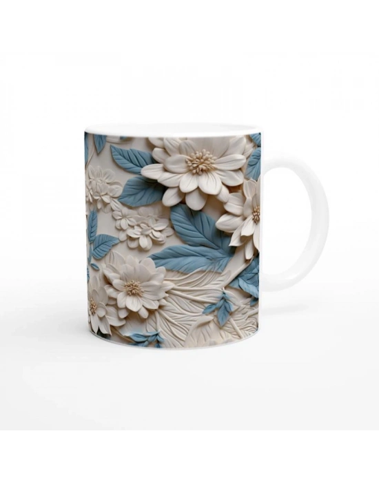 Mavi Yapraklı Çiçek Desenli Kupa Bardak