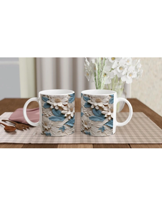 Mavi Yapraklı Çiçek Desenli Kupa Bardak