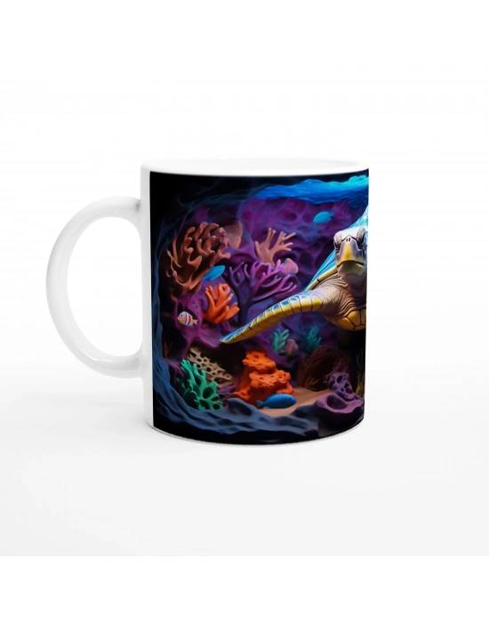 Mavi Zırhlı Kaplumbağa ve Mercan Bahçesi Su Altı Temalı Kupa Bardak