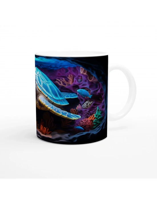 Mavi Zırhlı Kaplumbağa ve Mercan Bahçesi Su Altı Temalı Kupa Bardak