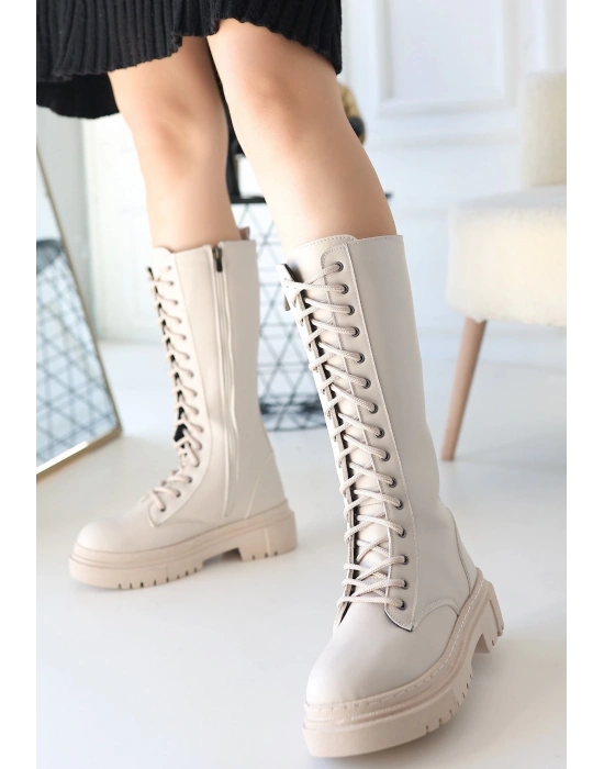 Mennd Bej Cilt Bağcıklı Çizme