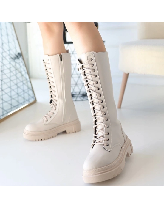 Mennd Bej Cilt Bağcıklı Çizme