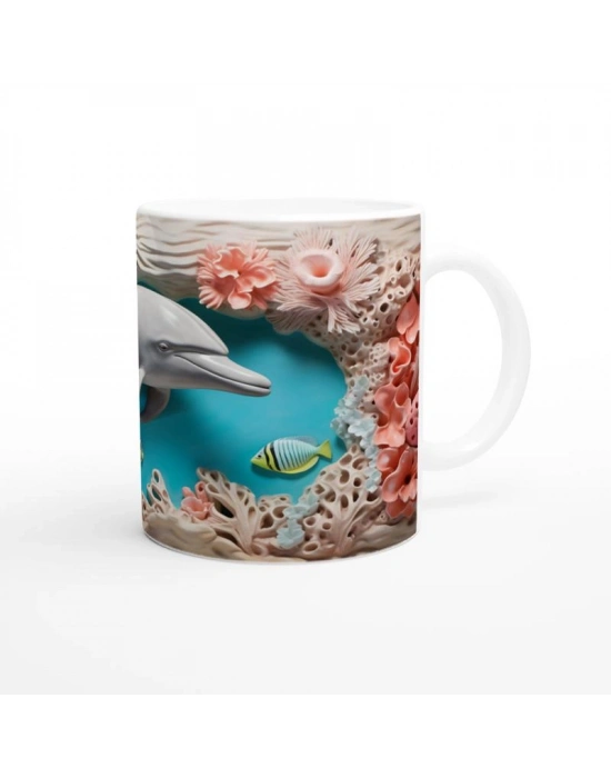 Mercan Bahçesinde Yüzen Neşeli Yunus Temalı Kupa Bardak