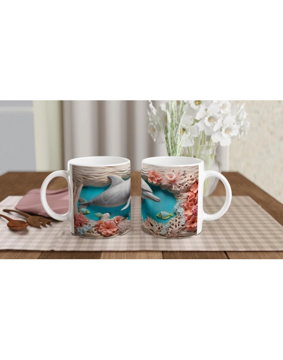 Mercan Bahçesinde Yüzen Neşeli Yunus Temalı Kupa Bardak