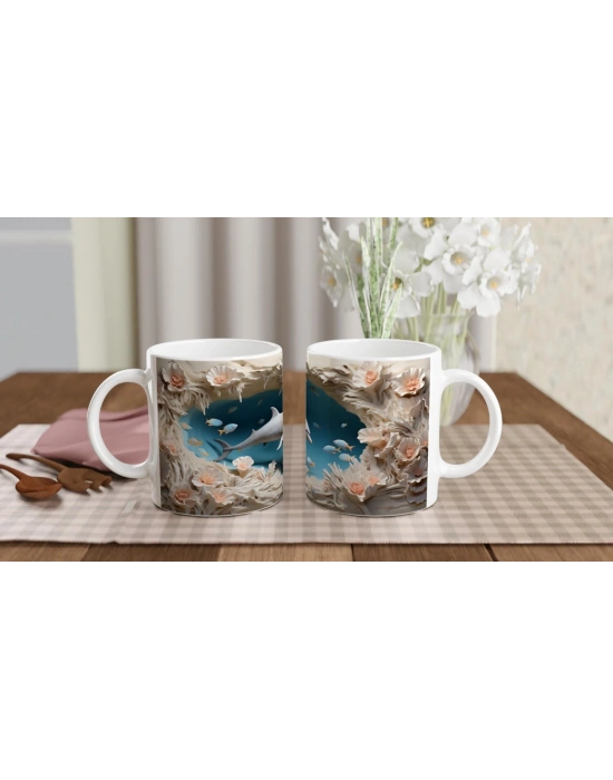 Mercan Bahçesinde Yüzen Yunus Desenli Su Altı Temalı Kupa Bardak