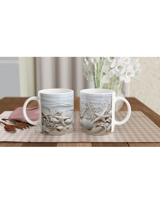 Mercan Dalgaları ve Beyaz Kabuklu Su Altı Temalı Kupa Bardak