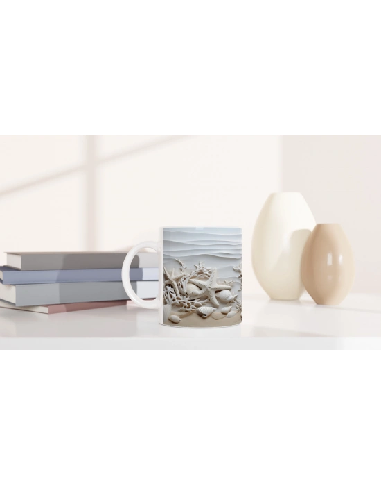 Mercan Dalgaları ve Beyaz Kabuklu Su Altı Temalı Kupa Bardak