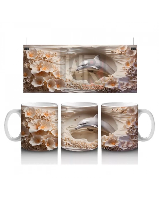 Mercan Kayalıklarında Yüzen Zarif Yunus Desenli Kupa Bardak