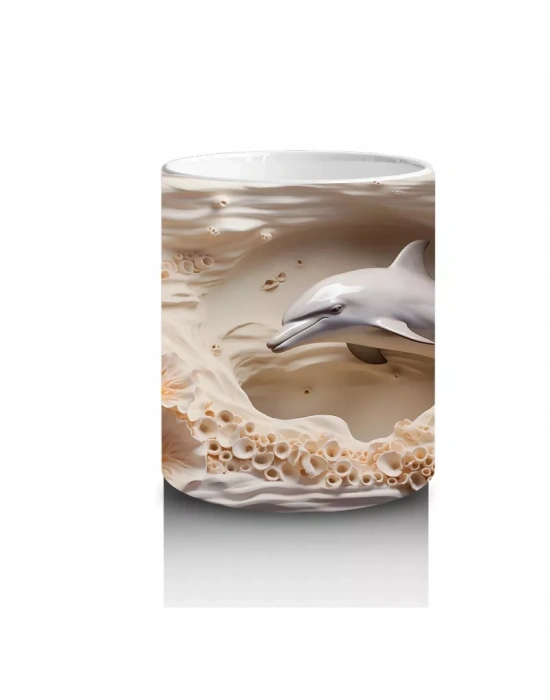 Mercan Kayalıklarında Yüzen Zarif Yunus Desenli Kupa Bardak