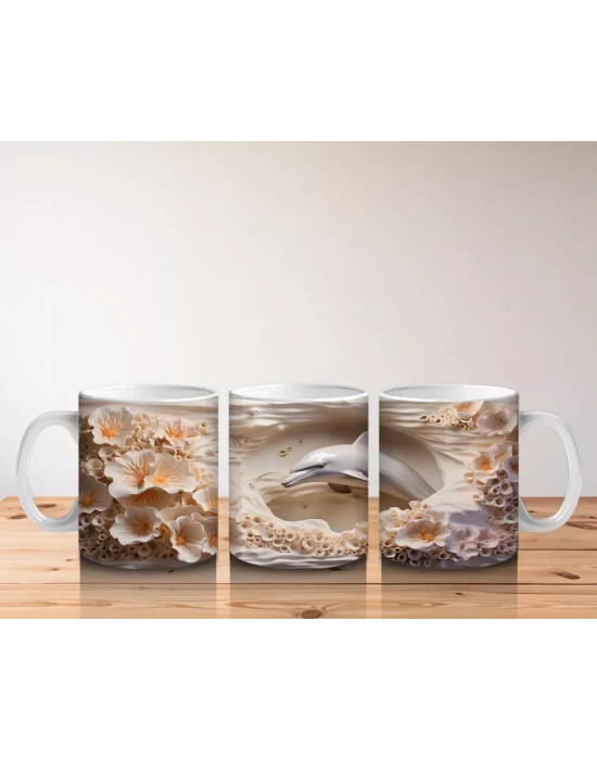 Mercan Kayalıklarında Yüzen Zarif Yunus Desenli Kupa Bardak