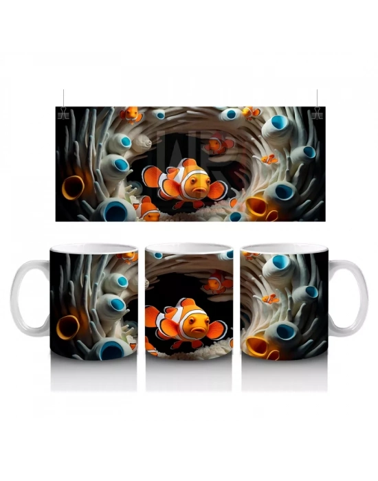 Mercan Mağarasında Yüzen Çift Palyaço Balığı – Baskılı Kahve Kupası