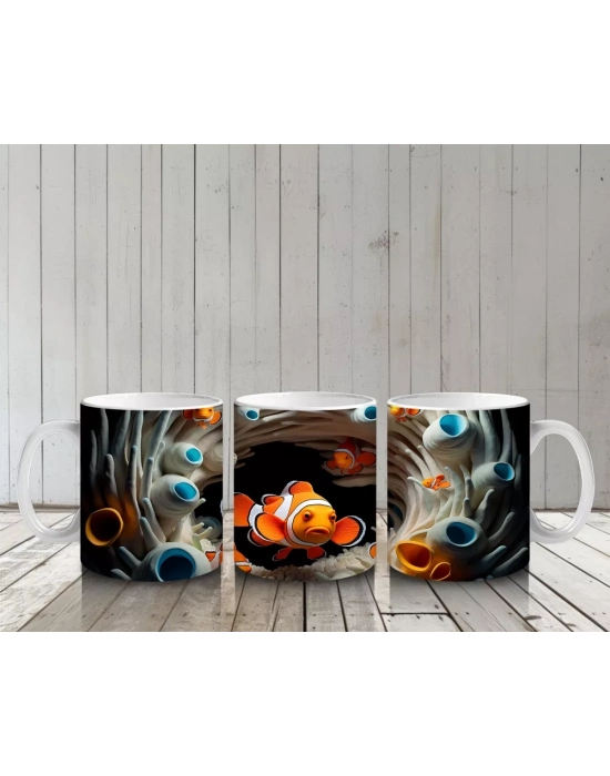 Mercan Mağarasında Yüzen Çift Palyaço Balığı – Baskılı Kahve Kupası