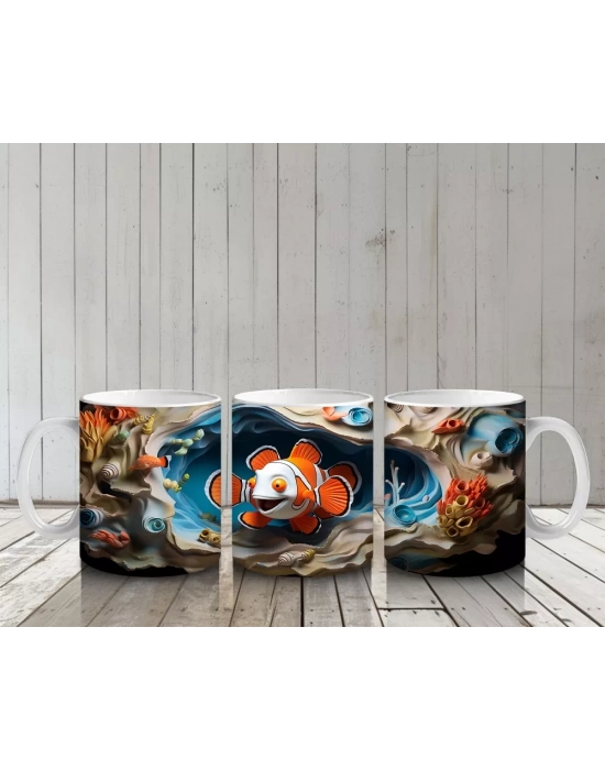 Mercan Resifinde Yüzen Palyaço Balığı Desenli Kupa Bardak